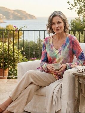 Soft Surroundings Top M Long Sleeve Watercolor Colorful Knit Tunic Beachy Boho